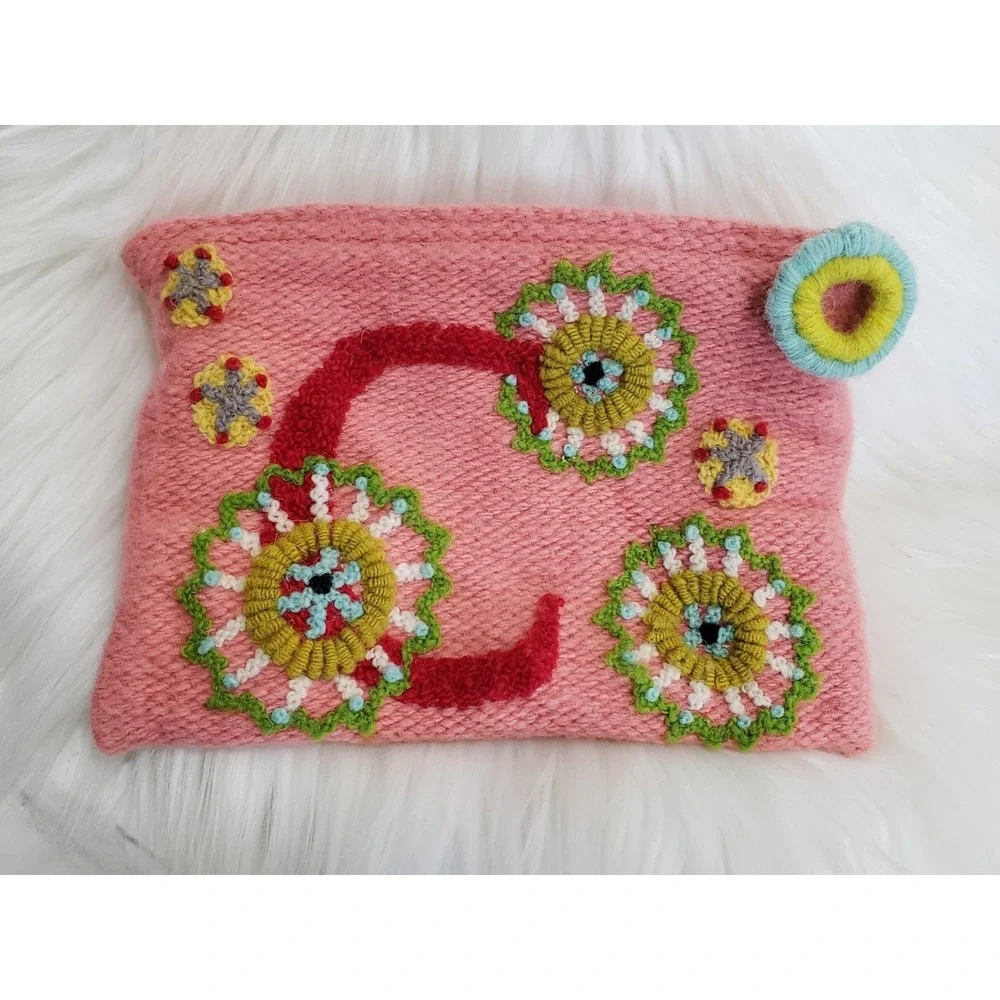 Jenny Krauss Embroidered Monogram C‎ Wool Floral Pouch Large Tarot Deck Bag